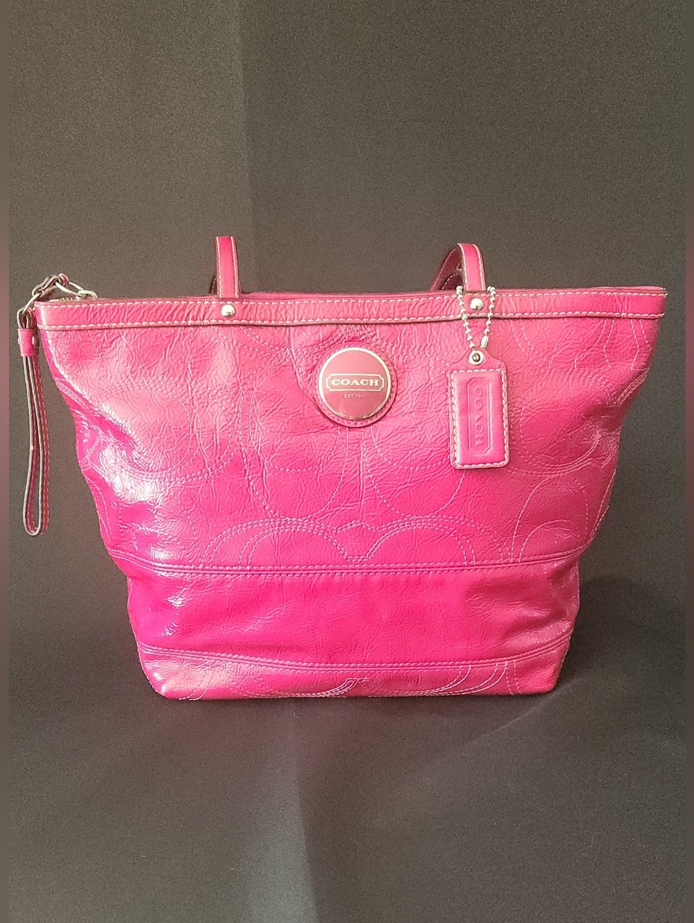 Coach Quilted Signature Patent Leather Tote in Magenta